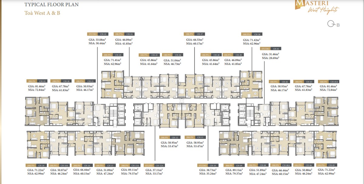 Mặt bằng căn hộ Masteri West Heights Tây Mỗ - Tầng điển hình tòa A-B