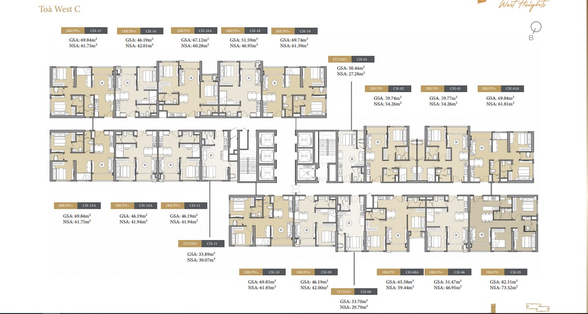 Mặt bằng căn hộ Masteri West Heights Tây Mỗ - Tầng điển hình tòa C