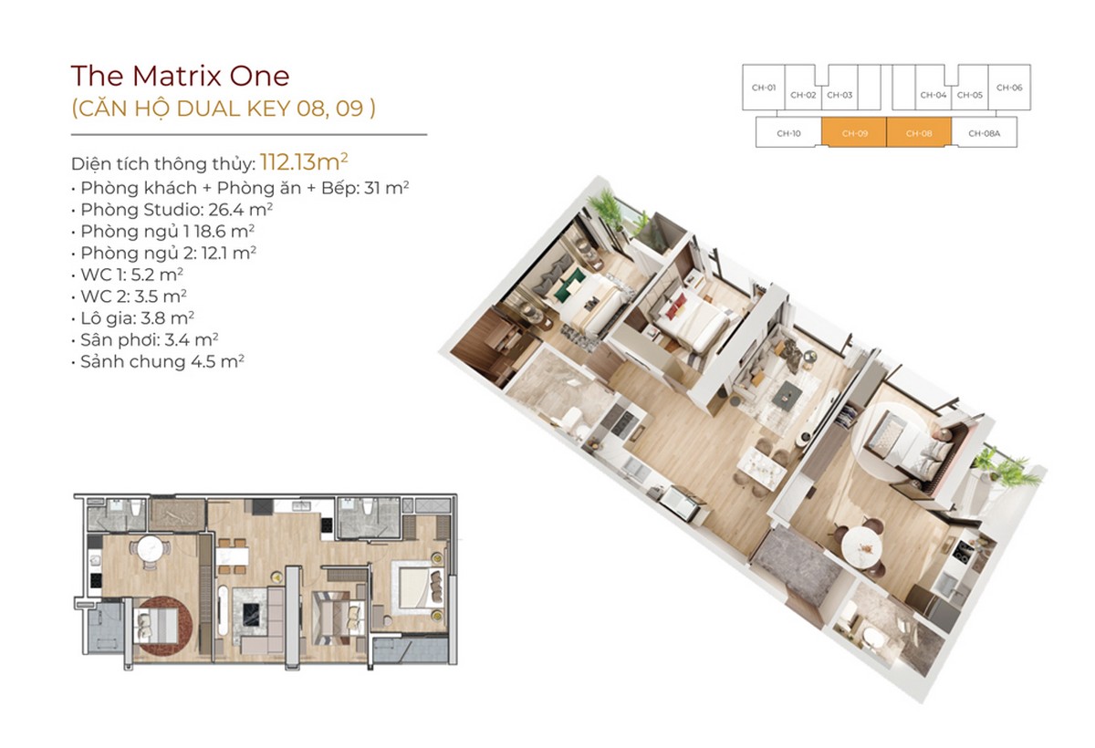 Thiết kế dự án chung cư The Matrix One Mễ Trì - Căn Dual Key 08 09